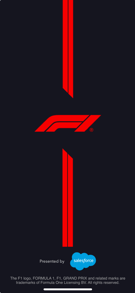 Wireframe de l’écran de lancement de l’application Formula 1 : le logo rouge centré sur fond noir, mention du partenaire en pied.