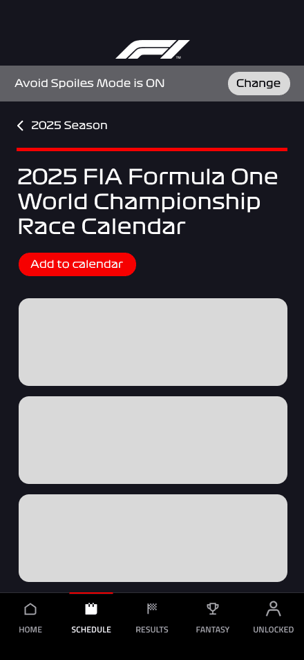 Wireframe de l’écran calendrier : championnat du monde course par course, bouton d’ajout à l’agenda et mode anti-spoilers en tête, les épreuves posées en aplats gris.