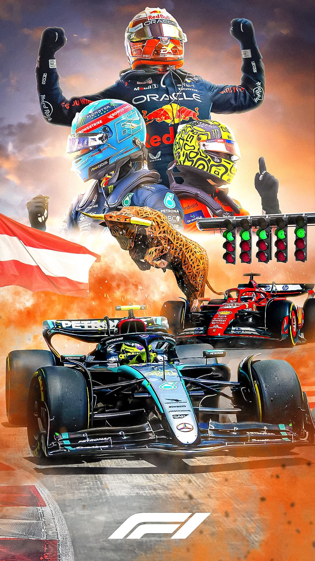 Affiche du Grand Prix d’Autriche : un pilote bras levés au-dessus de deux monoplaces, sur un ciel de fumigènes orange.