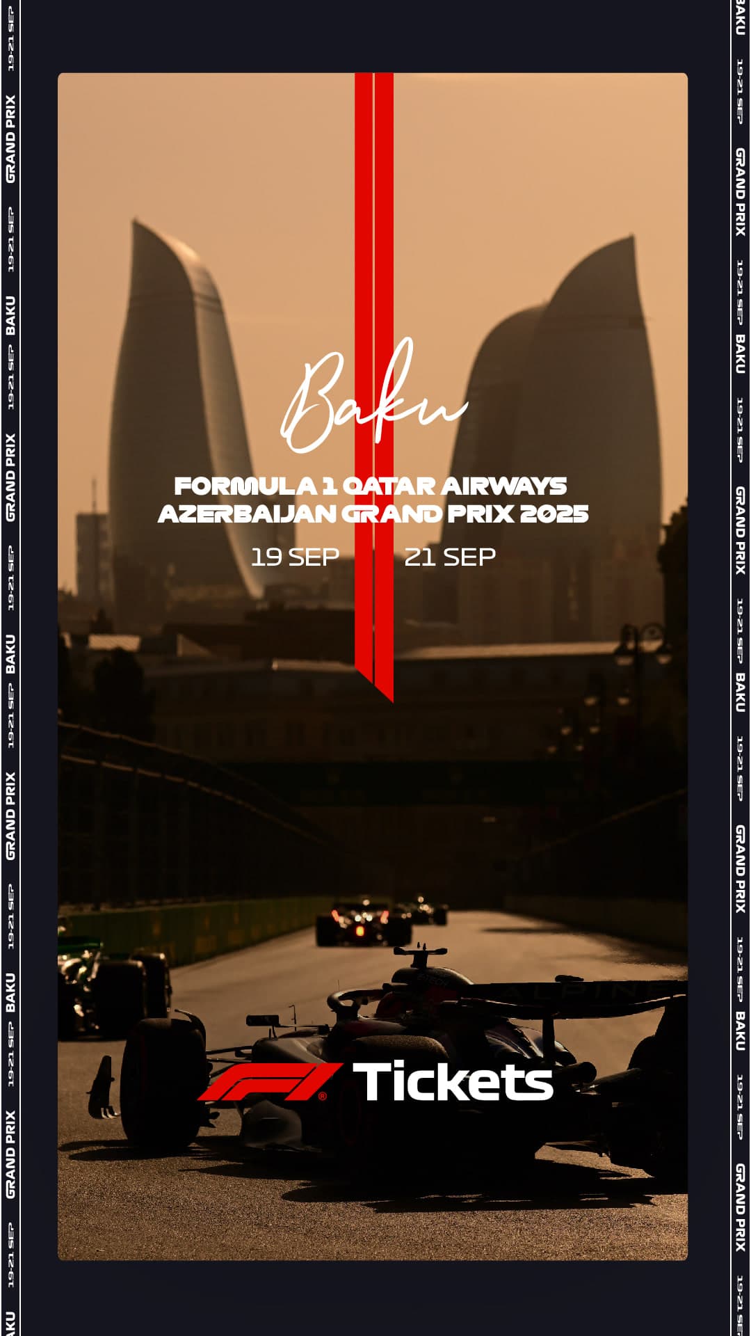 Le même visuel de Bakou décliné au format story, logo F1 Tickets en pied.