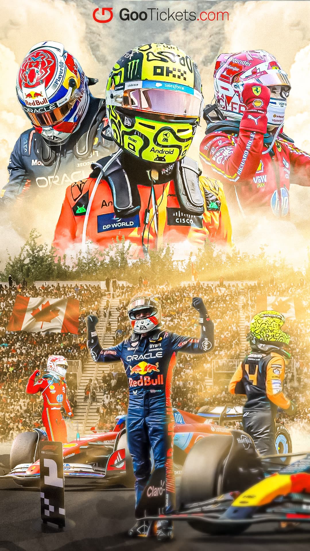 Affiche du Grand Prix du Canada : une frise de casques de pilotes au-dessus d’un vainqueur célébrant, sur un fond de terre soulevée.
