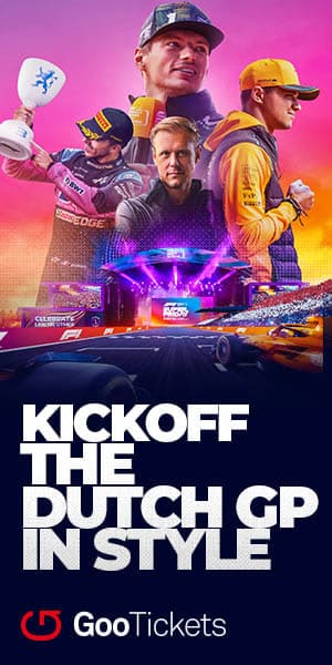 Bannière verticale pour les concerts du Grand Prix des Pays-Bas : une scène de DJ en lumières roses et l’accroche « Kickoff the Dutch GP in style ».