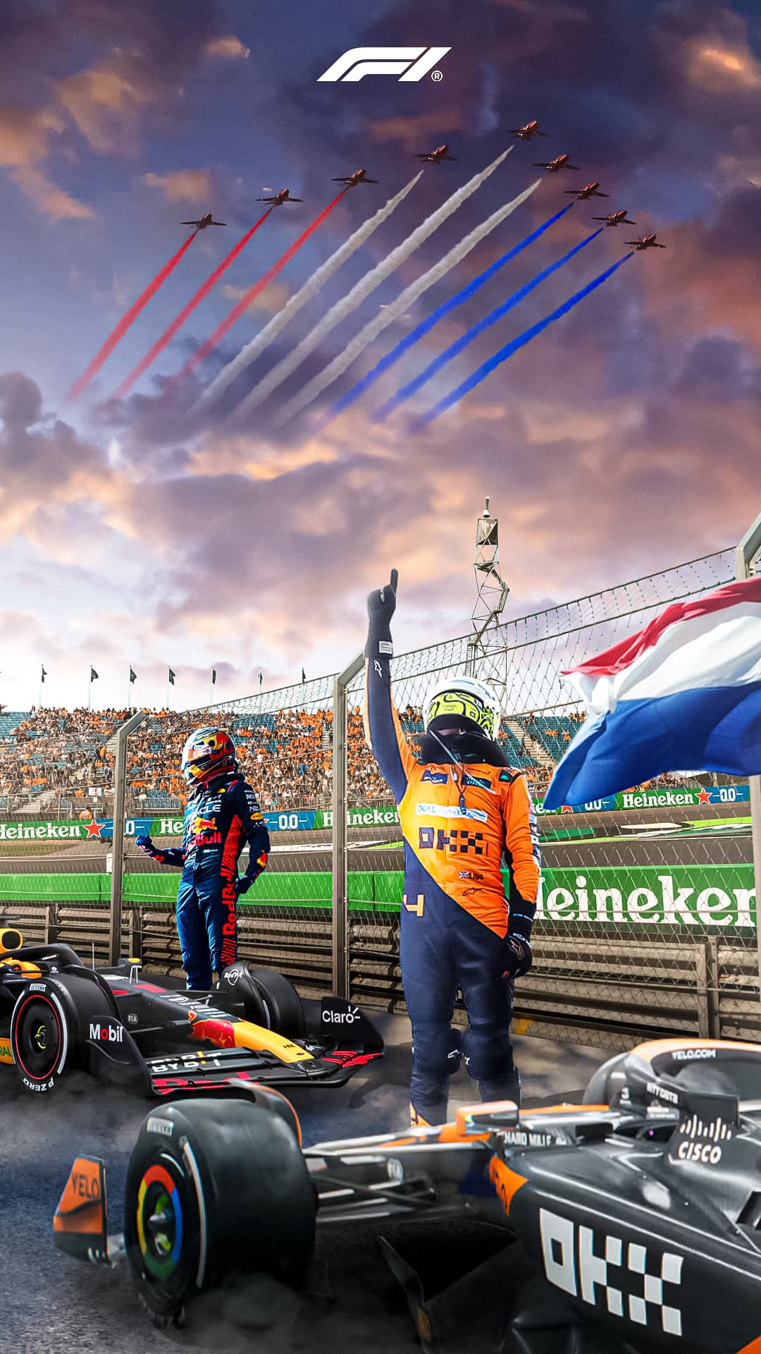 Affiche du Grand Prix des Pays-Bas : deux pilotes debout sur leurs monoplaces face aux tribunes, drapeau néerlandais et patrouille aérienne dans le ciel.