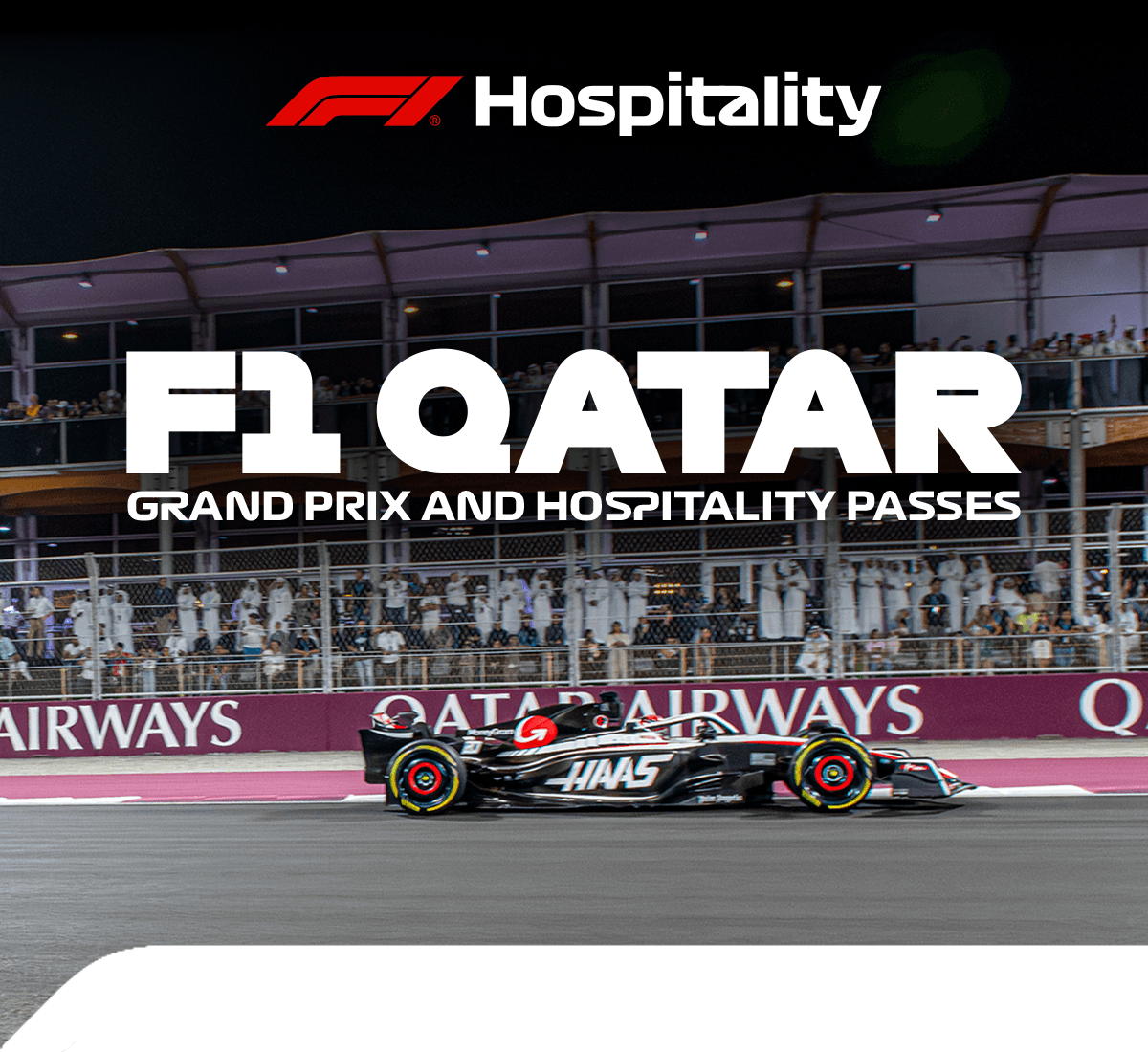 Bannière hospitalité pour le Grand Prix du Qatar : une monoplace devant les panneaux Qatar Airways, titre « F1 Qatar ».