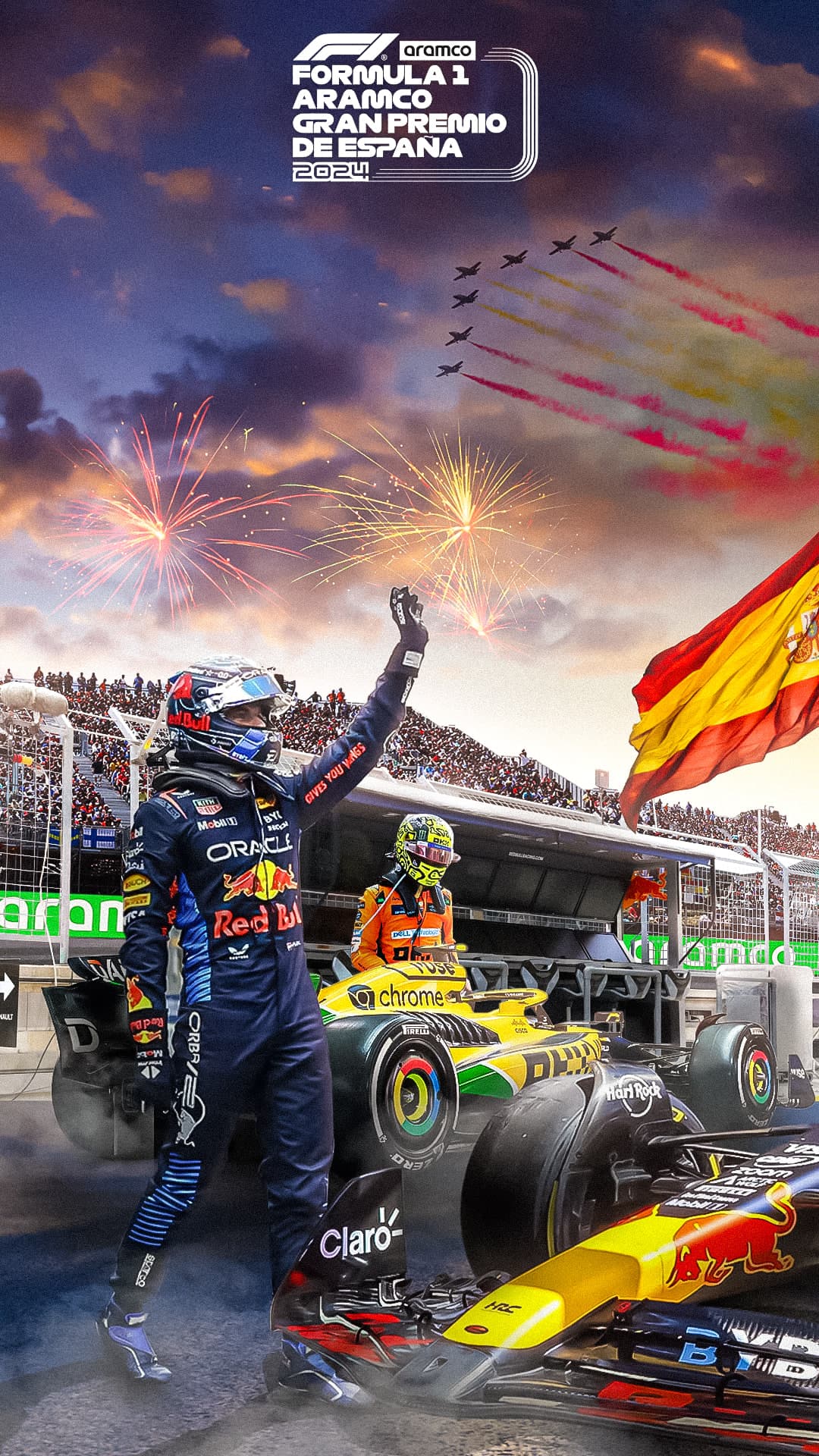 Affiche du Grand Prix d’Espagne : un pilote saluant depuis sa monoplace sous le passage d’une patrouille aérienne laissant des traînées rouges et jaunes.