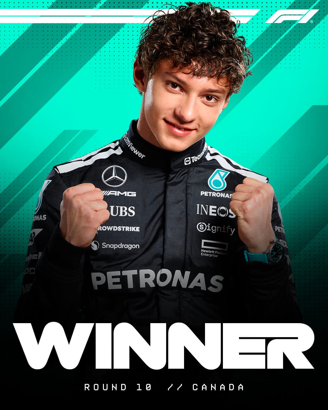 Visuel « Winner » pour Kimi Antonelli, même gabarit sur fond rayé turquoise Mercedes.