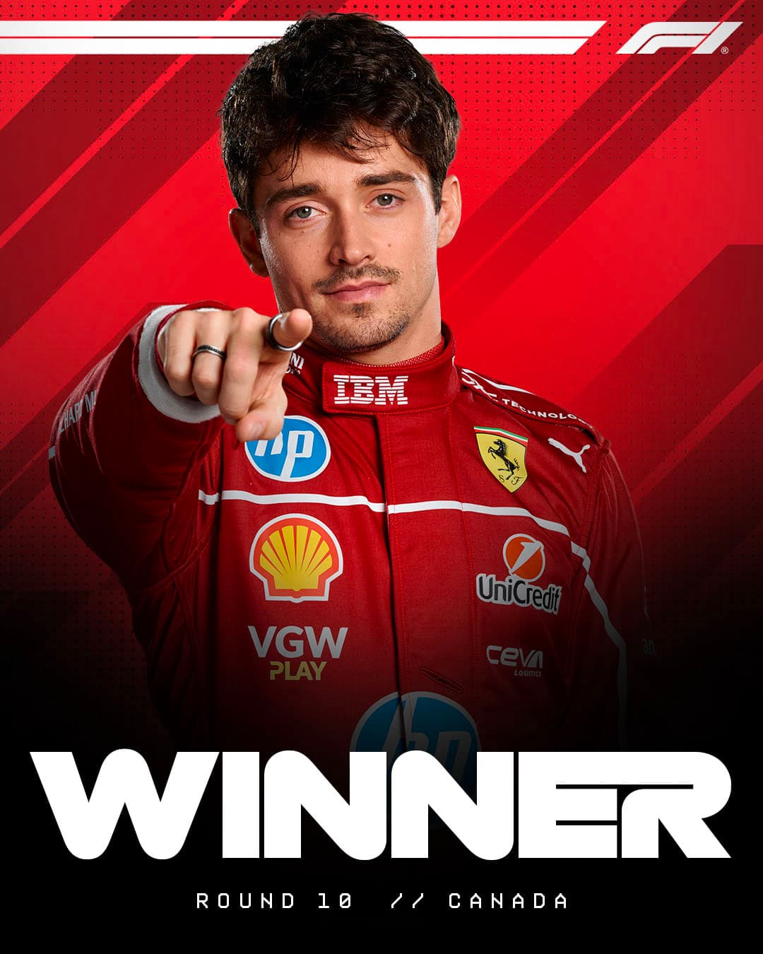 Visuel « Winner » pour Charles Leclerc, même gabarit sur fond rayé rouge Ferrari.