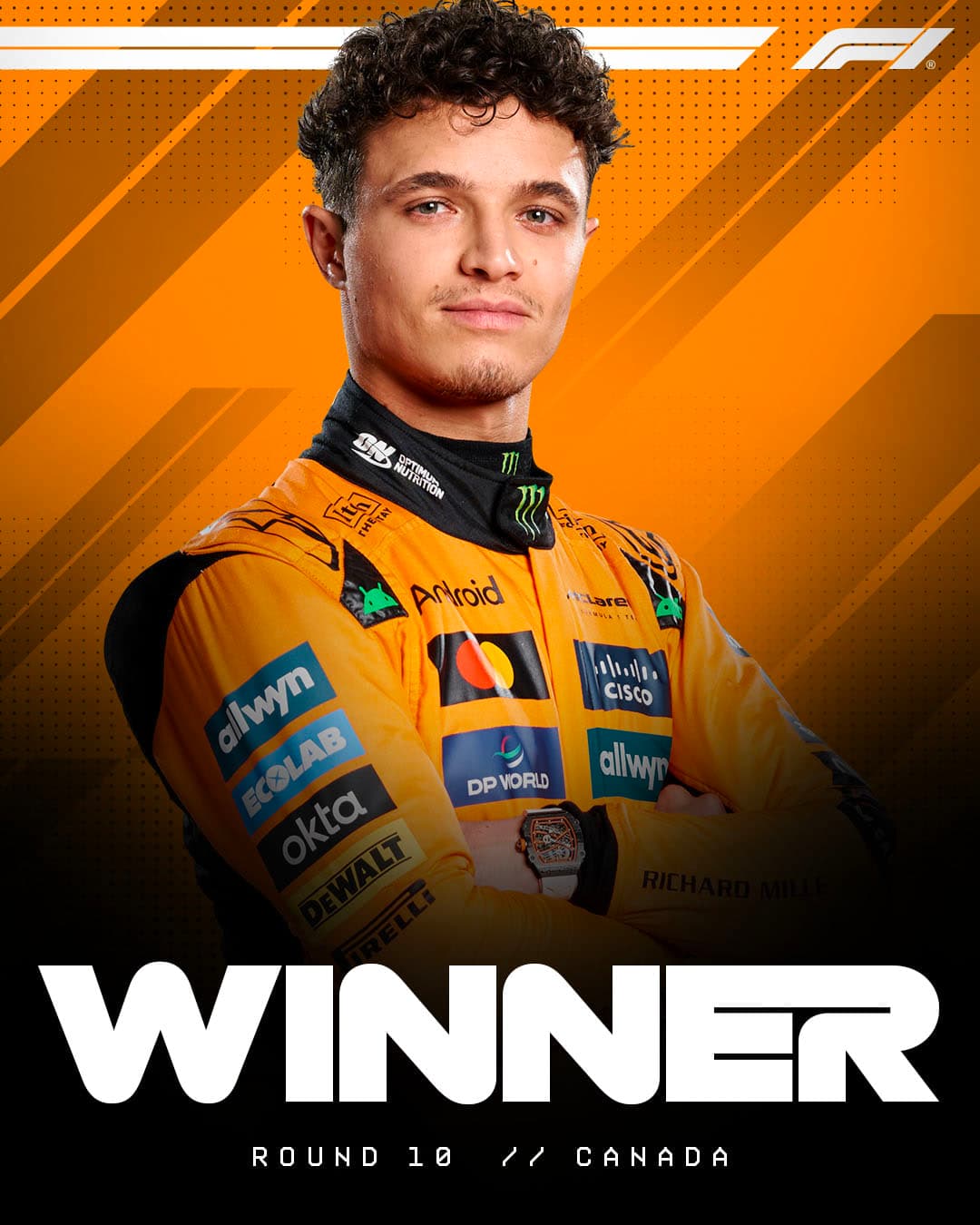 Visuel « Winner » pour Lando Norris, même gabarit sur fond rayé orange McLaren.