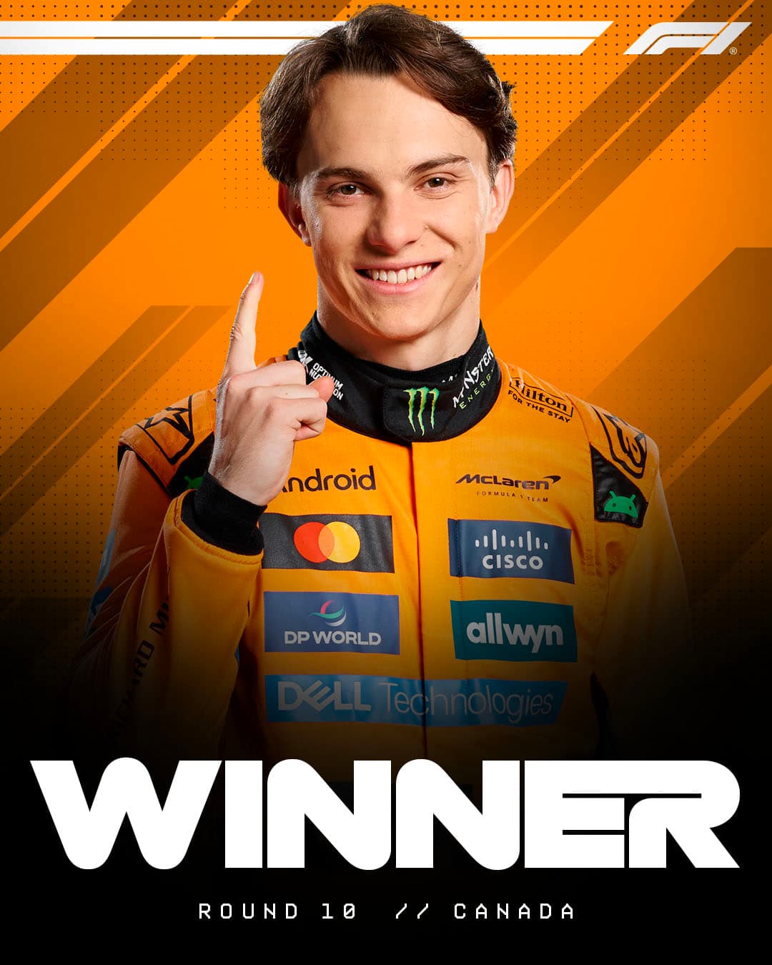 Visuel « Winner » pour Oscar Piastri, même gabarit sur fond rayé orange McLaren.