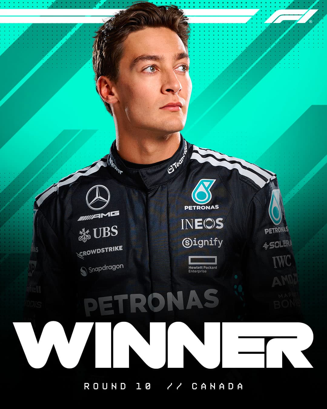 Visuel « Winner » pour George Russell, même gabarit sur fond rayé turquoise Mercedes.