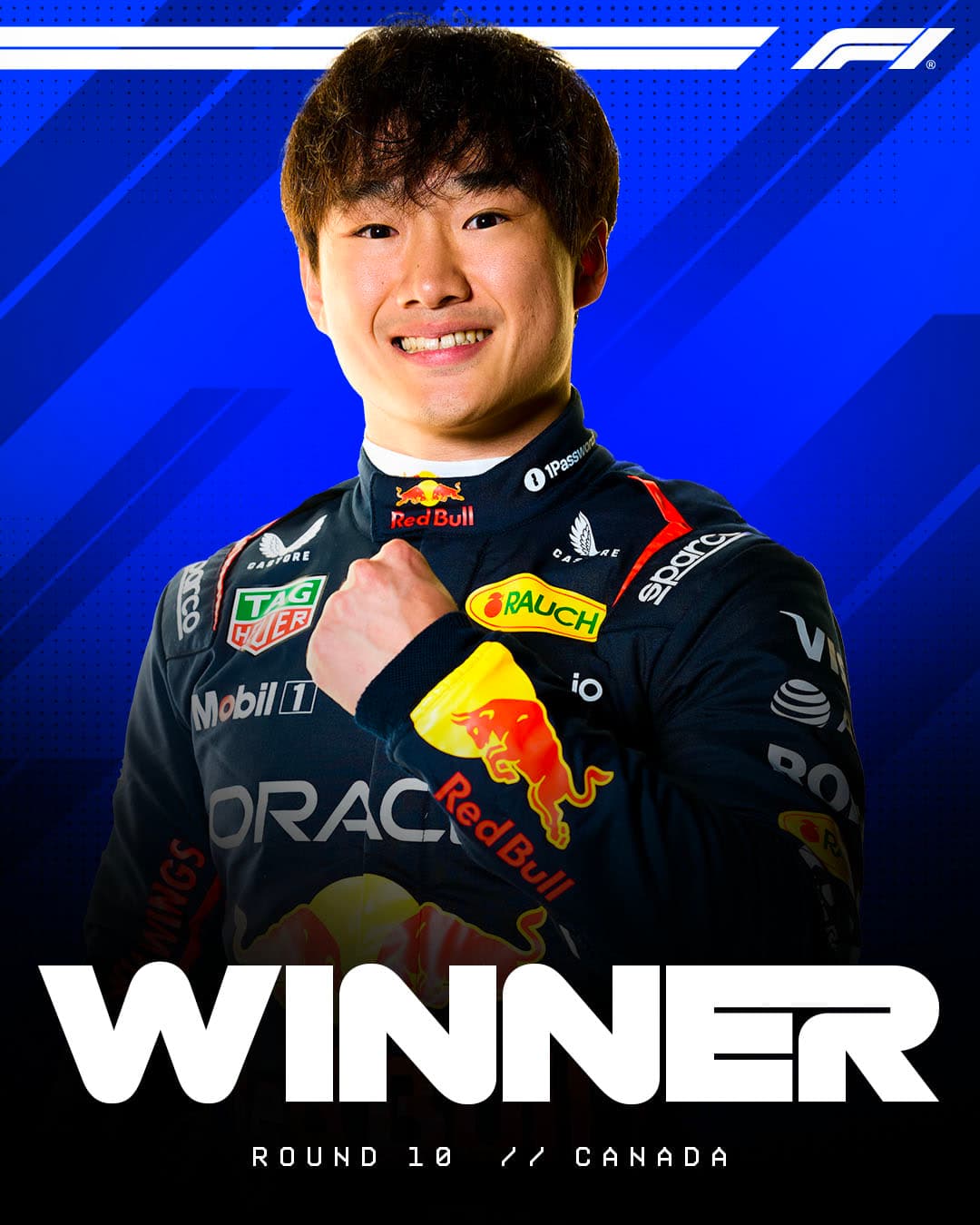 Visuel « Winner » pour Yuki Tsunoda, même gabarit sur fond rayé bleu Red Bull.