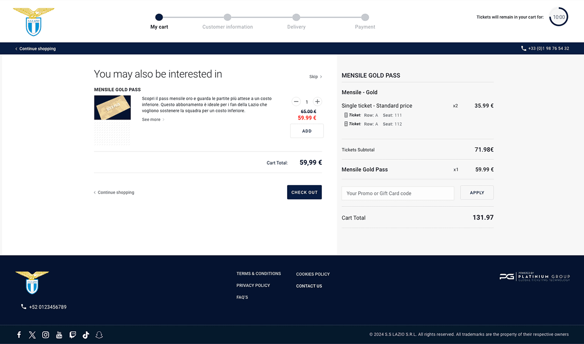 Le même panier avec une suggestion d’abonnement Mensile Gold Pass ajoutée au-dessus du total.