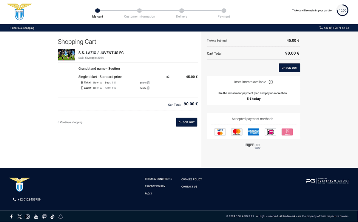 Panier : le billet S.S. Lazio contre Juventus FC, le récapitulatif des montants, le paiement en plusieurs fois et les moyens de paiement acceptés.