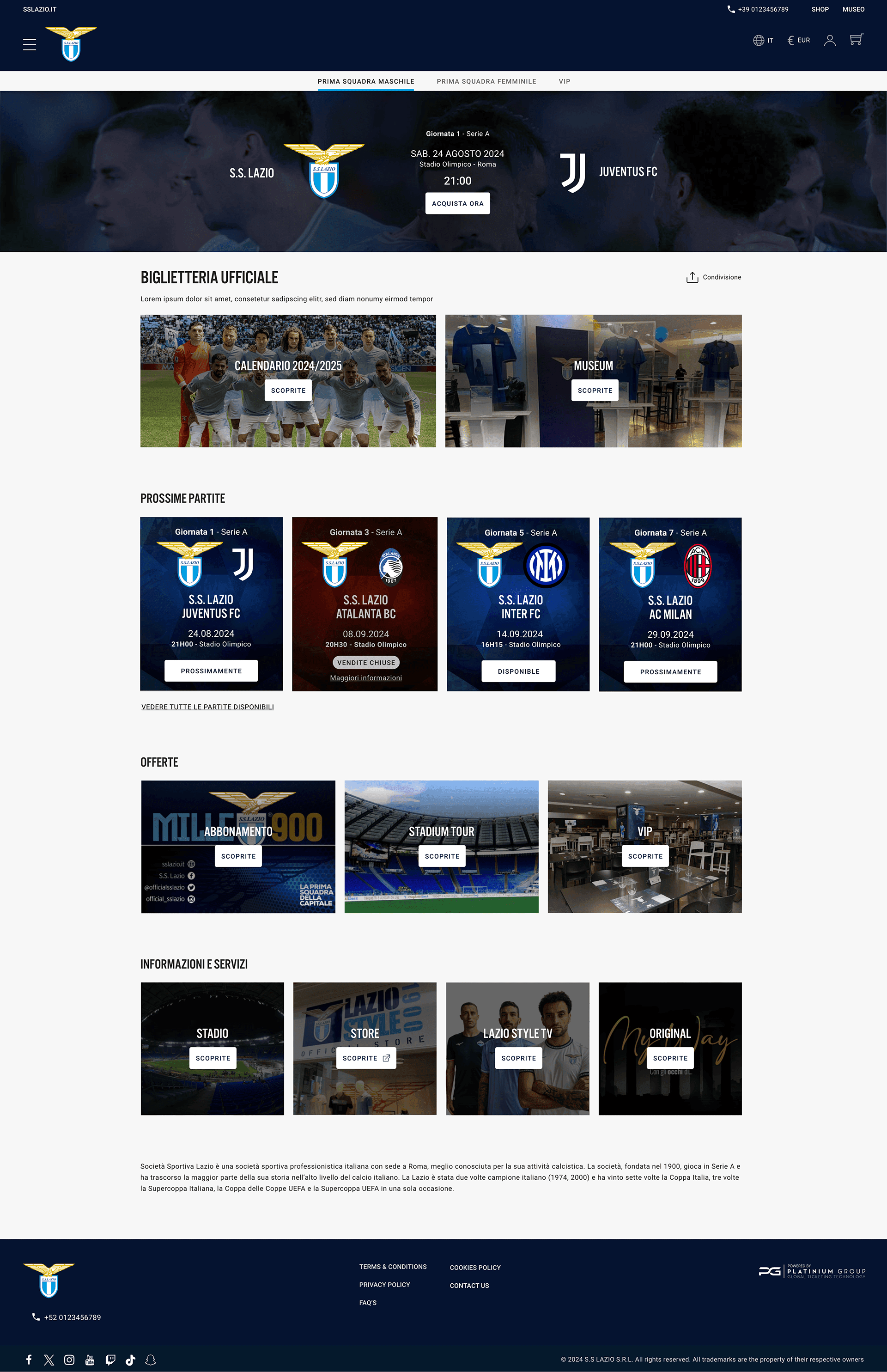 Page d’accueil de la billetterie officielle S.S. Lazio : bandeau du match contre la Juventus, grille des rencontres à venir, blocs hospitalité et informations pratiques.