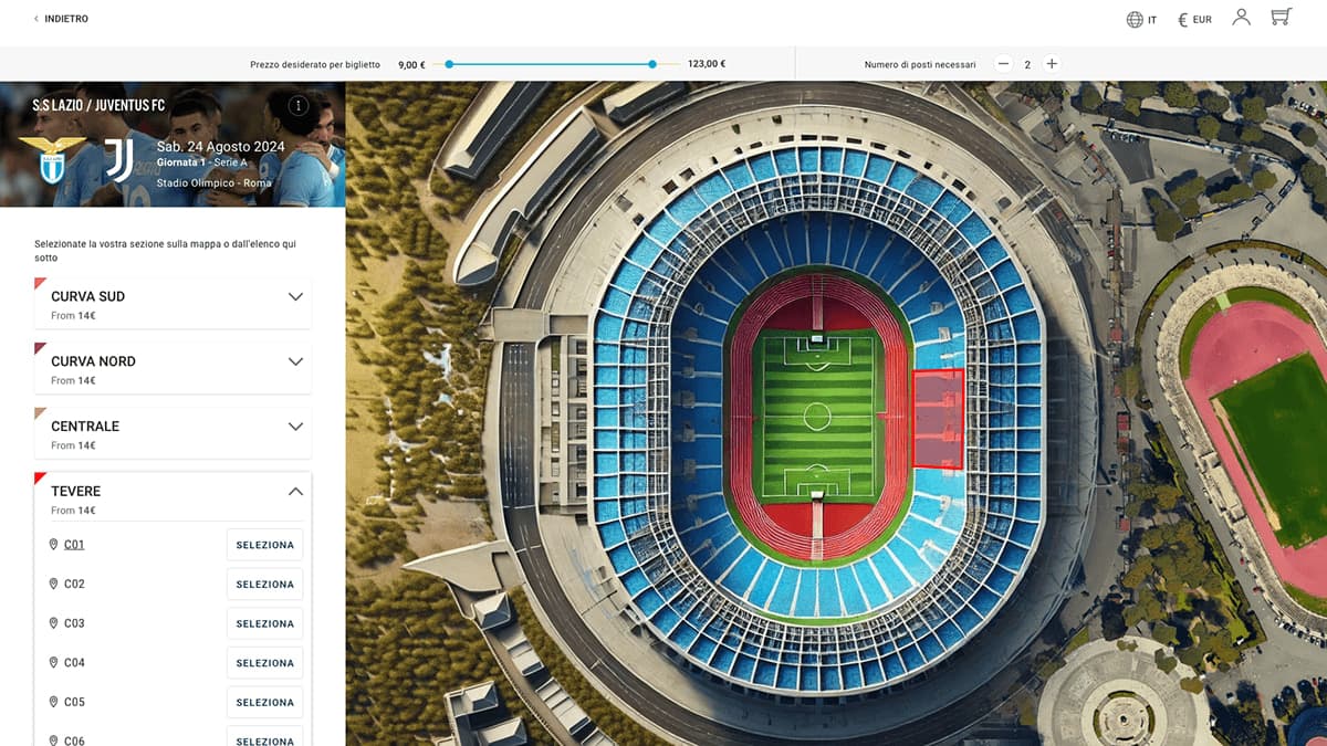 Choix du secteur : vue aérienne du Stadio Olimpico, panneau listant Curva Sud, Curva Nord, Centrale et Tevere avec leurs tarifs, et curseur de prix.