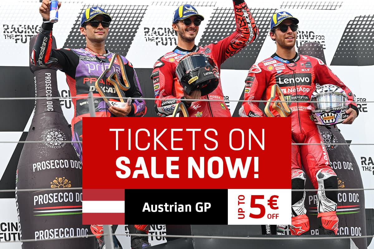 Visuel d’offre anticipée pour le Grand Prix d’Autriche : le podium au champagne et un encart « Tickets on sale now » annonçant une remise.