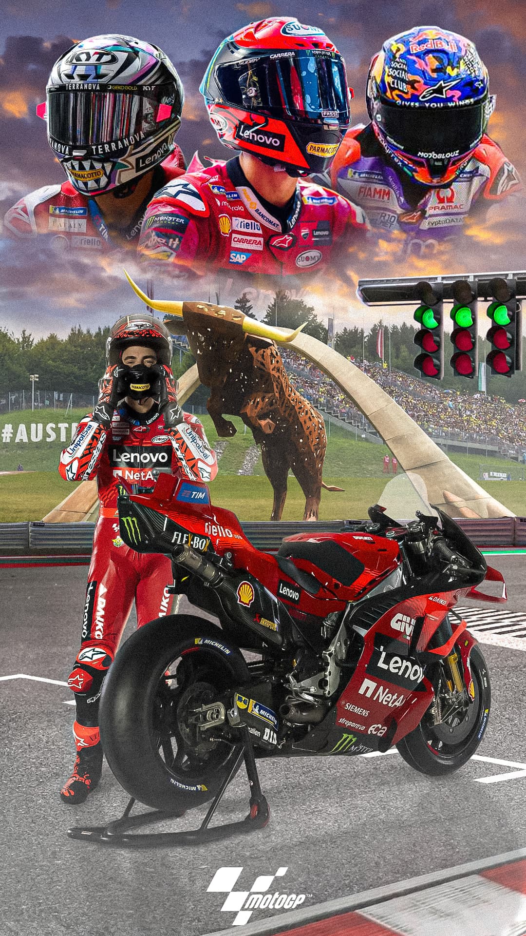 Visuel du Grand Prix d’Autriche : trois casques de pilotes au-dessus d’une moto en gros plan sur la grille de départ, feux rouges allumés.