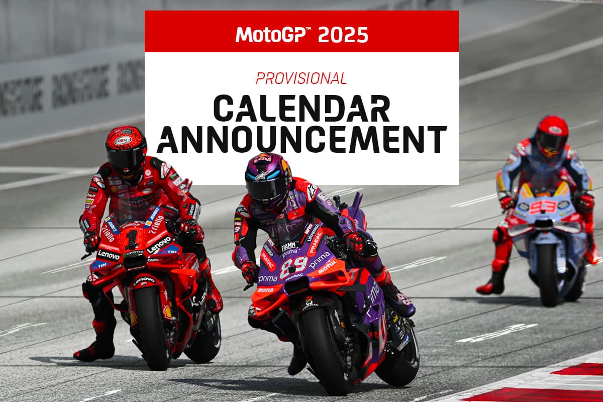 Annonce du calendrier provisoire MotoGP 2025, posée en cartouche blanc sur une photo de pilotes en piste.