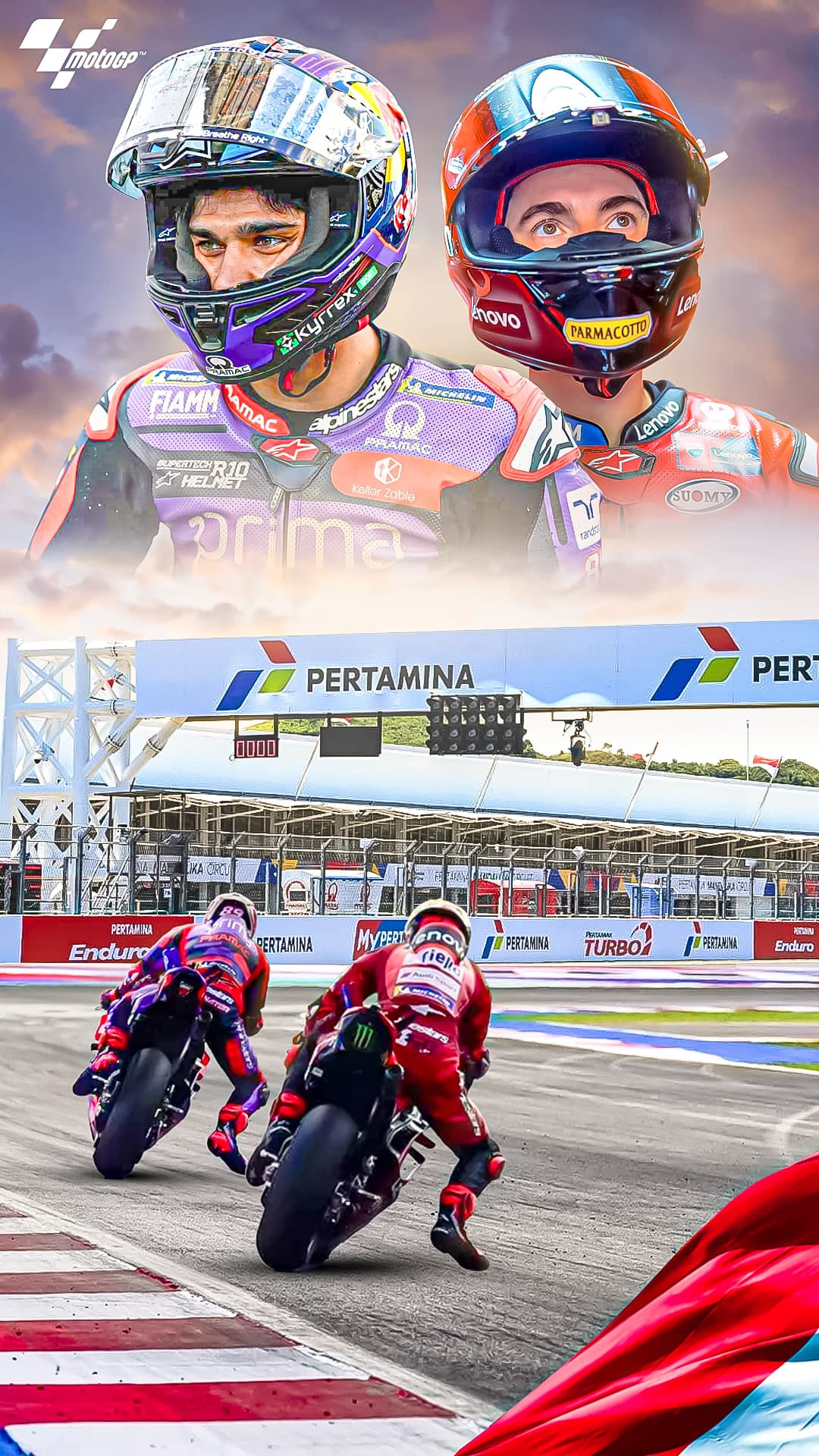 Visuel du Grand Prix d’Indonésie : deux casques au-dessus de deux pilotes penchés en pleine bagarre sur le circuit de Mandalika.