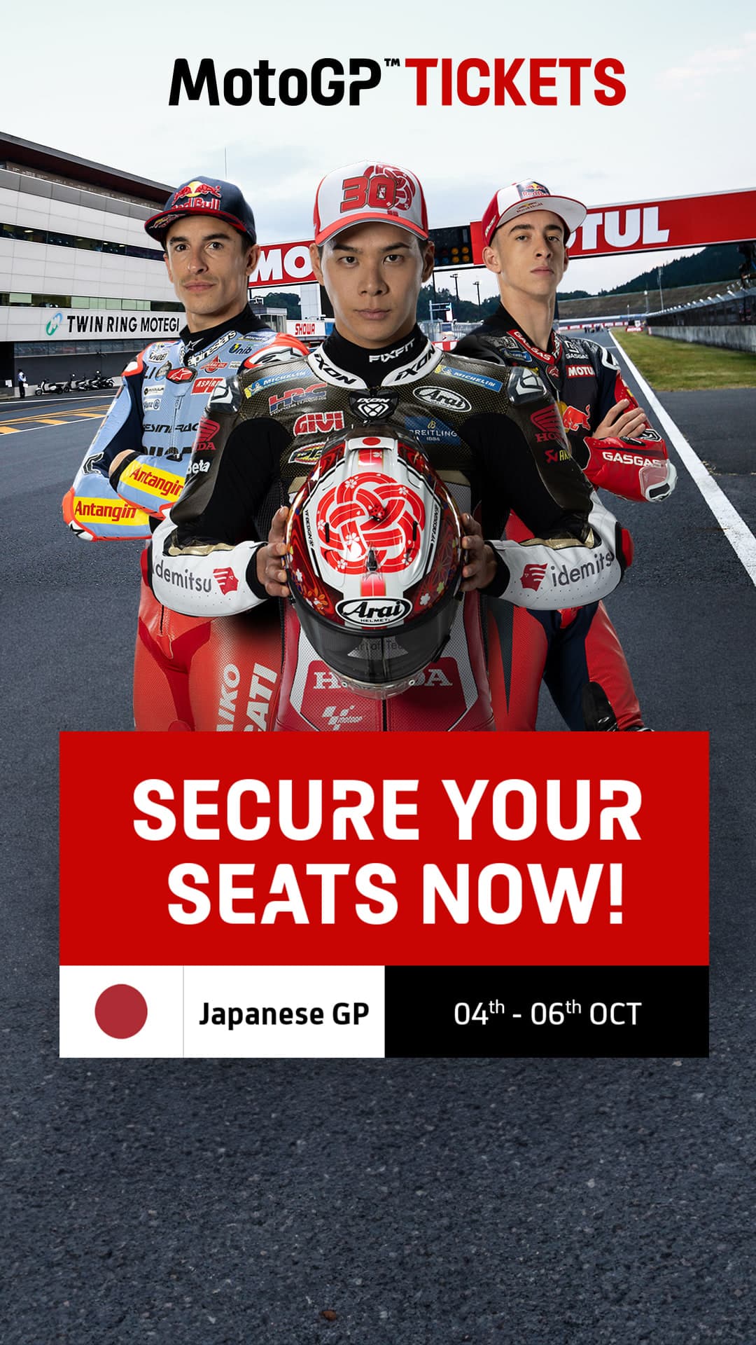 Visuel du Grand Prix du Japon : trois pilotes détourés devant la piste, accroche « Secure your seats now » et dates de l’épreuve.