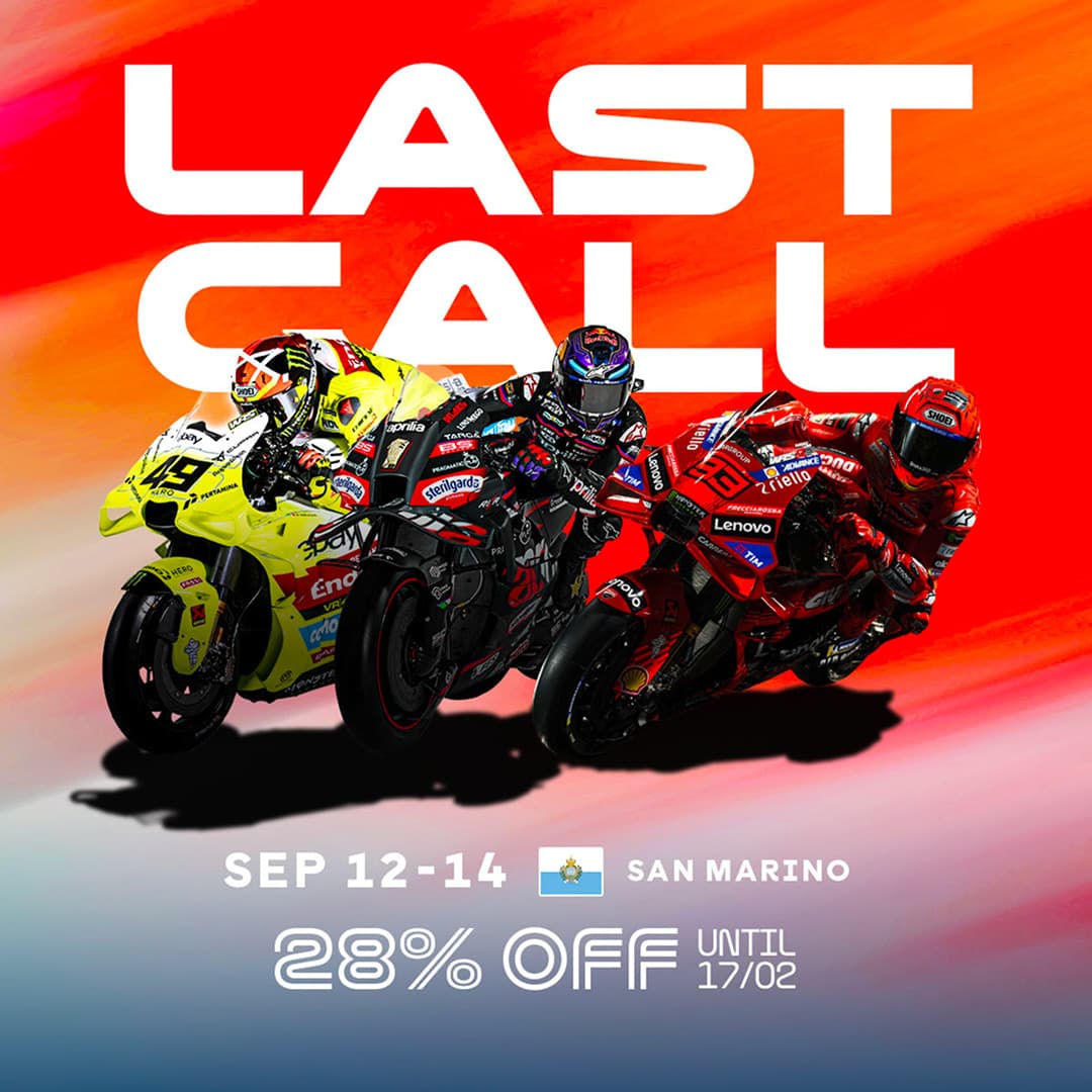 Visuel « Last call » pour le Grand Prix de Saint-Marin : trois motos lancées sur un fond de dégradé orange et rouge, dates et remise de 28 %.