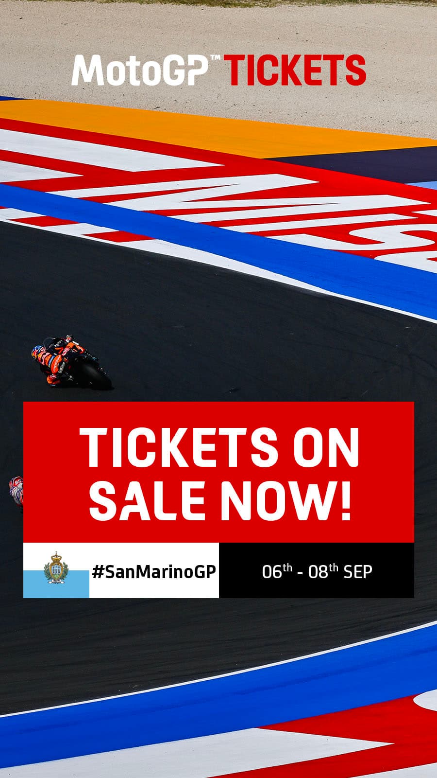 Bannière verticale Saint-Marin : tracé du circuit en aplats rouges, blancs et bleus, accroche « Tickets on sale now » et dates.