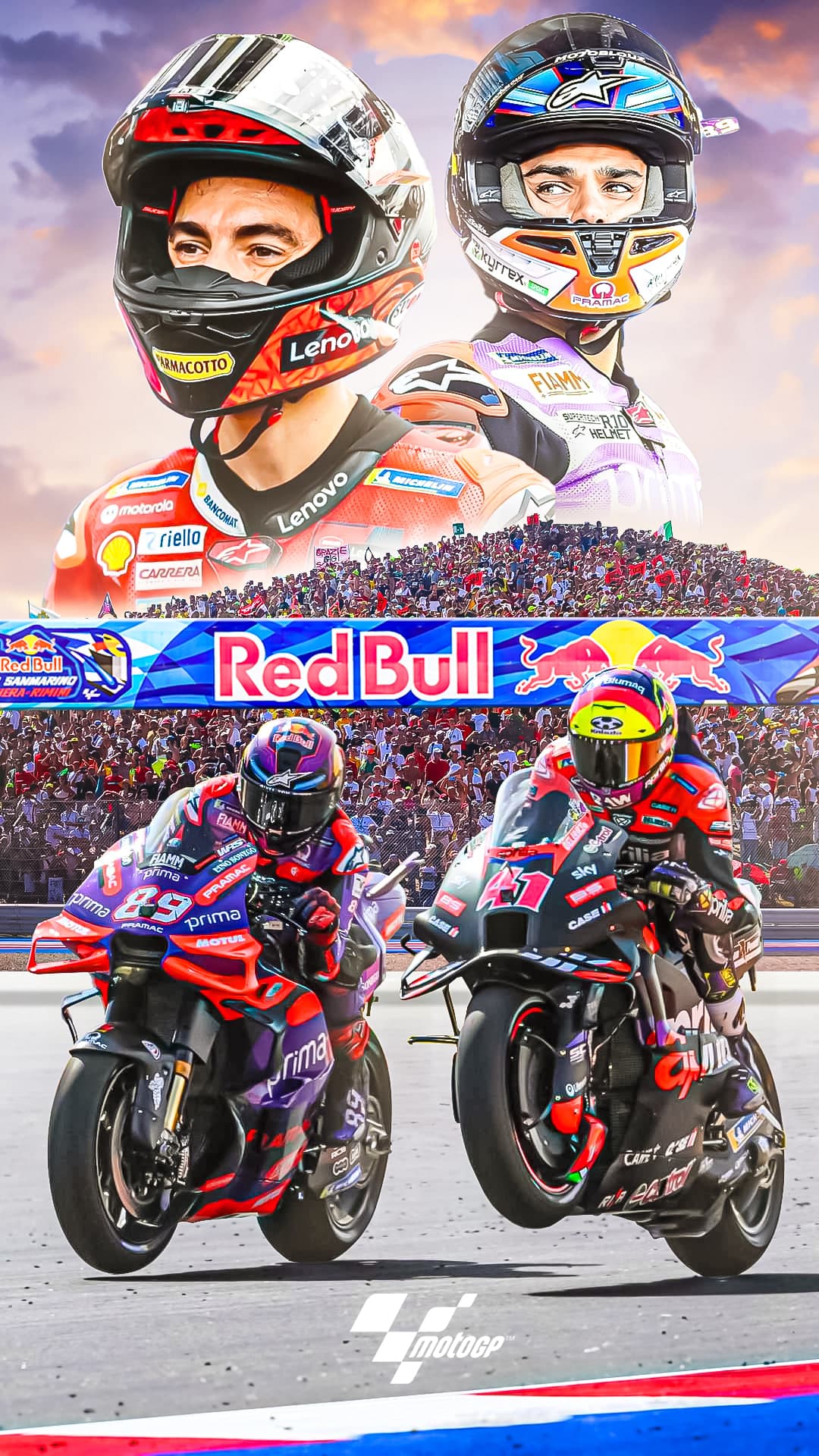 Visuel du Grand Prix de Saint-Marin : deux casques au-dessus de deux pilotes roue dans roue devant les tribunes.