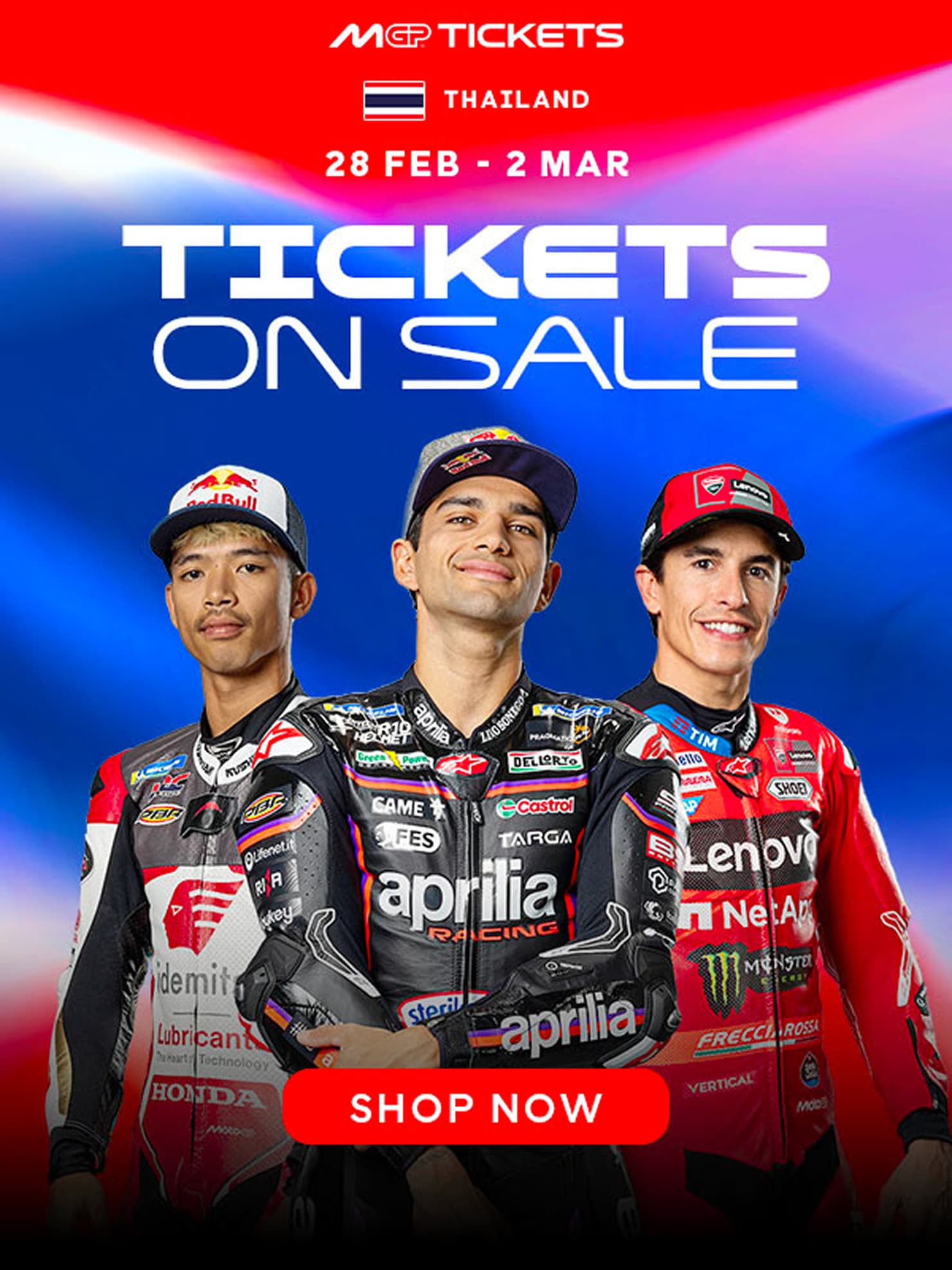 Visuel vertical « Tickets on sale » pour le Grand Prix de Thaïlande : trois pilotes sur un dégradé bleu, rouge et violet, dates et bouton « Shop now ».