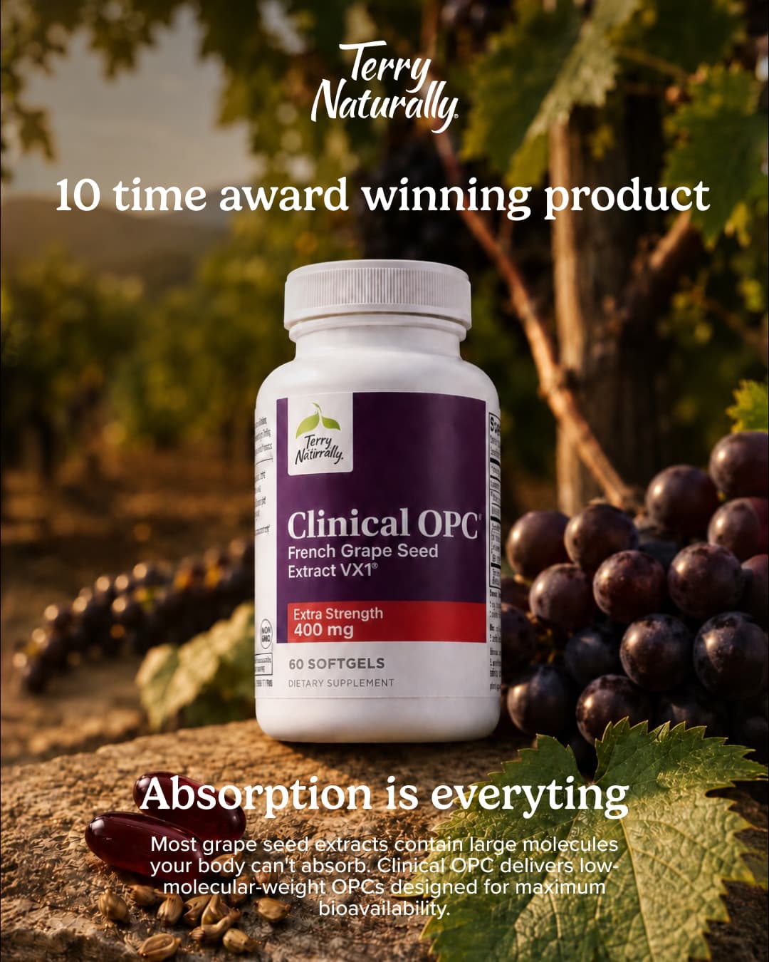 Publicité Meta Clinical OPC : le flacon dans les vignes, mention du produit primé dix fois.