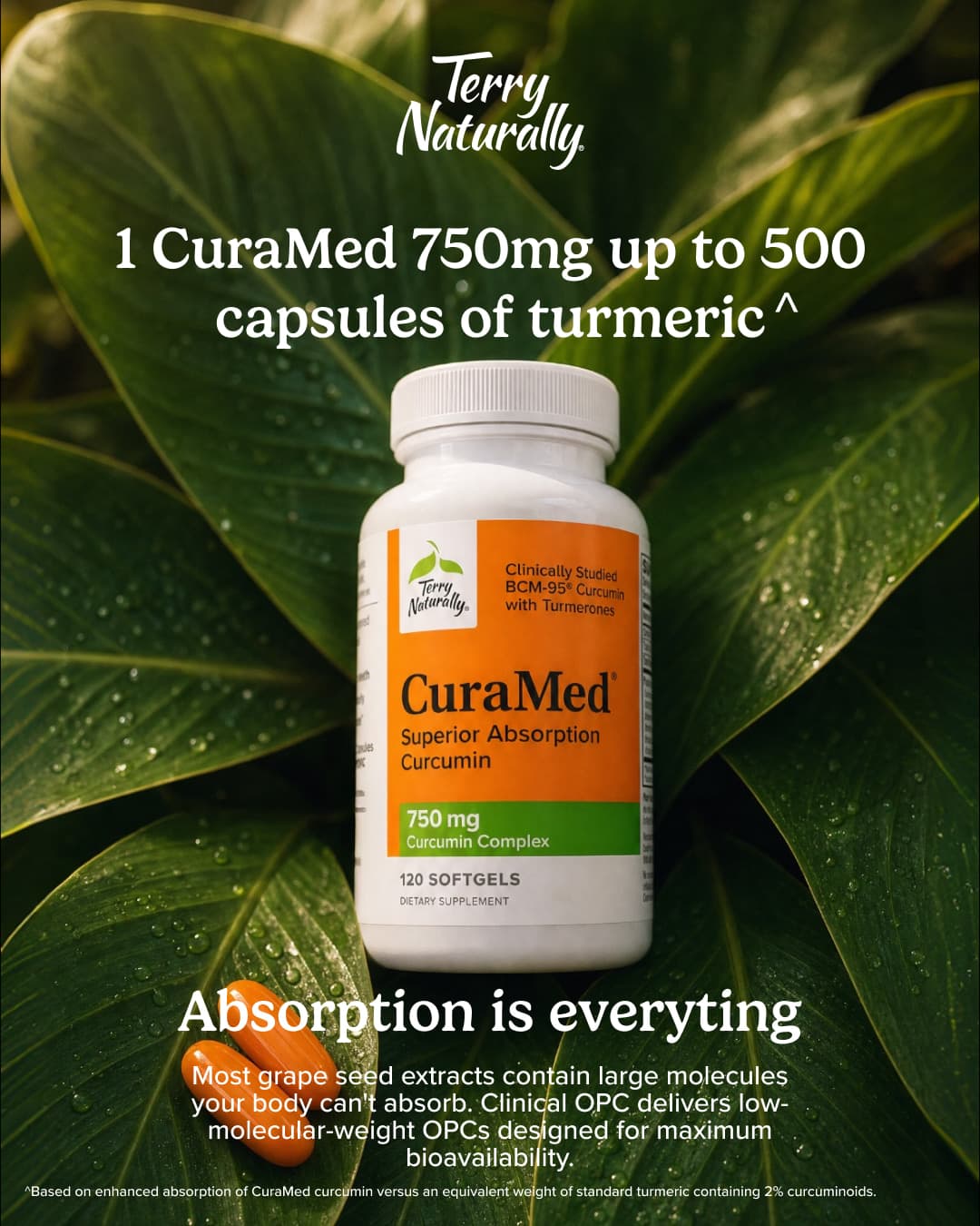 Publicité Meta CuraMed : le flacon couché sur de grandes feuilles vertes, équivalence en capsules de curcuma.