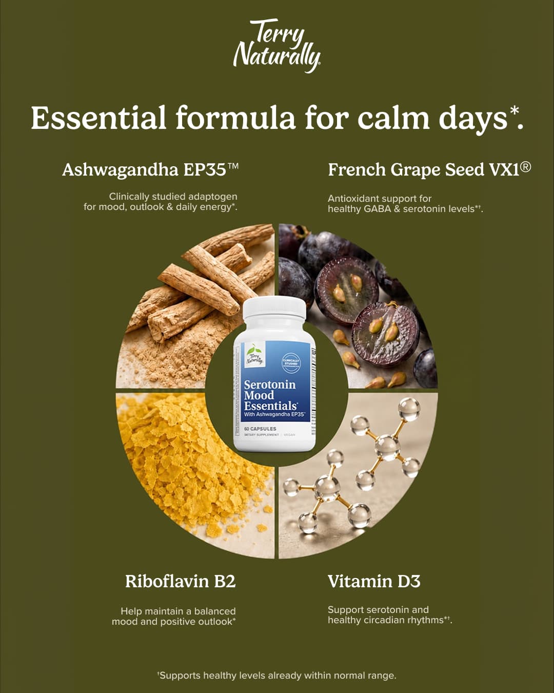 Publicité Meta Serotonin Mood Essentials : la composition en quatre quartiers — ashwagandha, pépin de raisin, riboflavine, vitamine D3 — sur fond olive.
