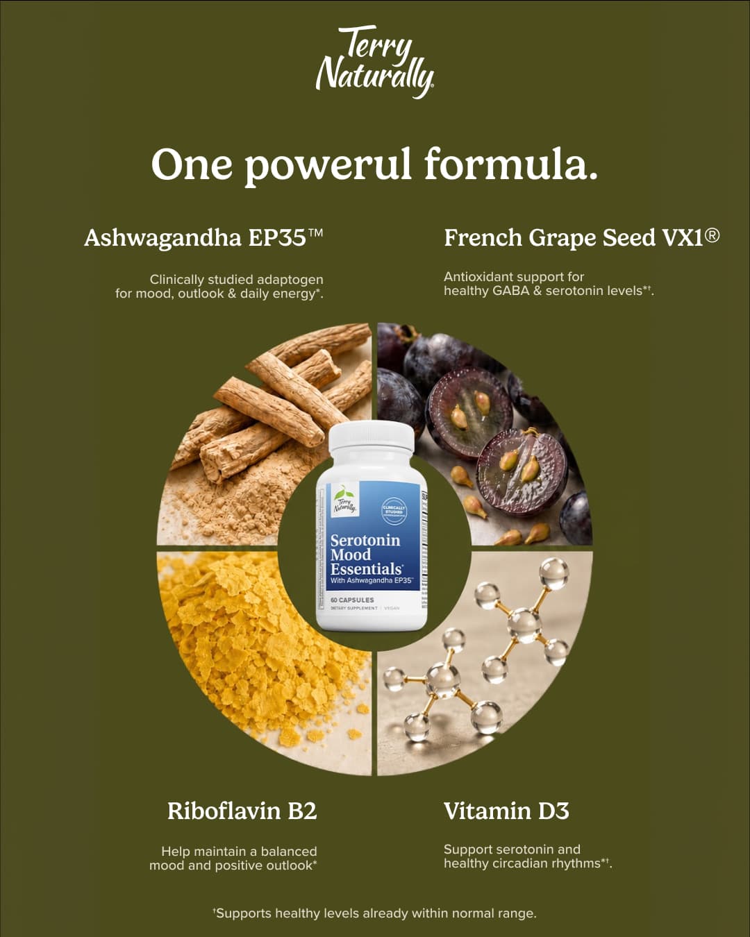 Même gabarit Serotonin Mood Essentials, accroche « One powerful formula ».
