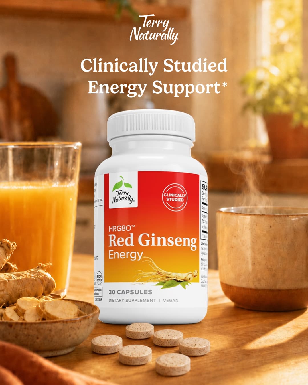 Publicité Meta Red Ginseng : le flacon près d’un verre de jus et de gélules, accroche « Clinically studied energy support ».
