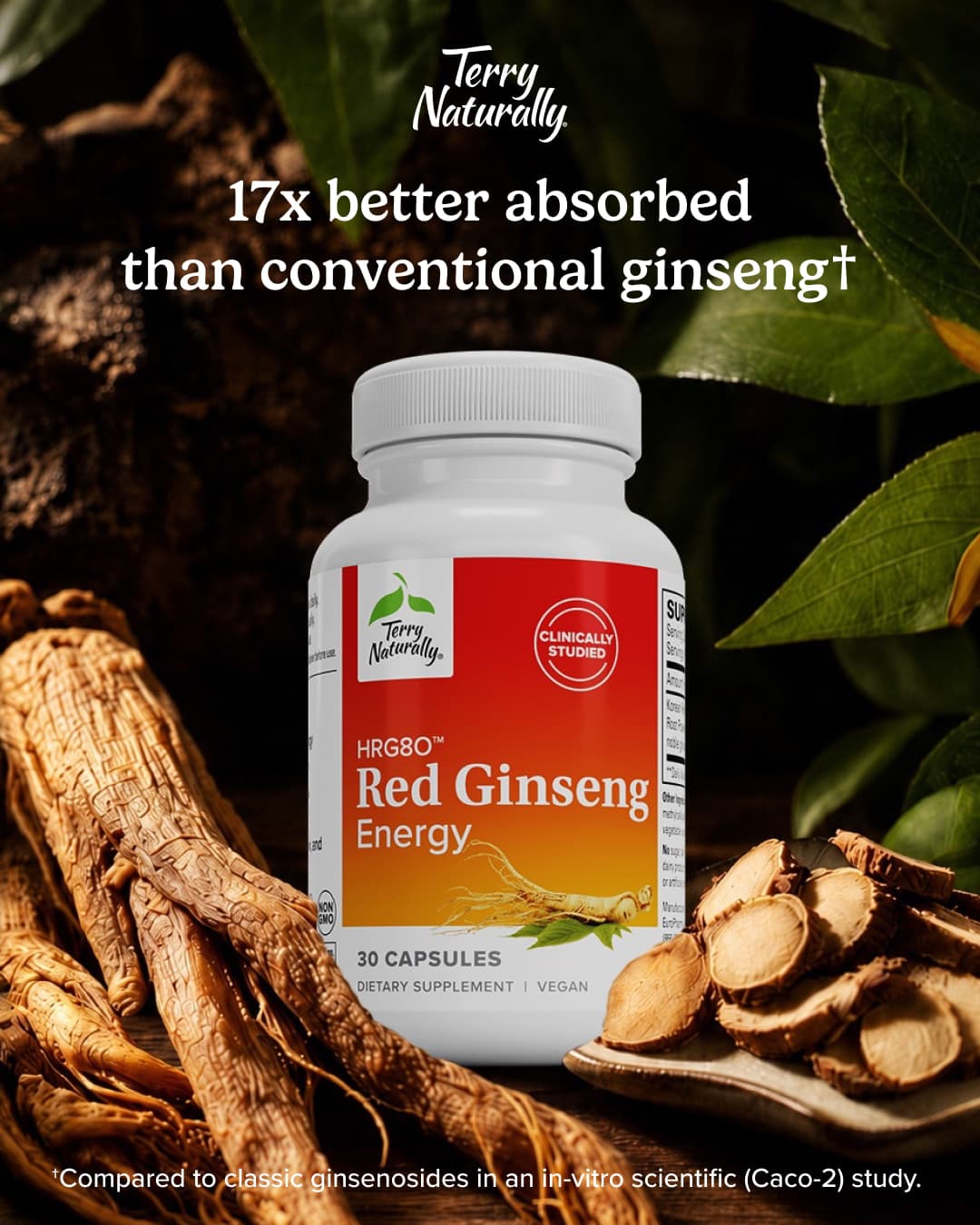 Publicité Meta Red Ginseng : le flacon posé sur des racines de ginseng, absorption annoncée dix-sept fois supérieure.