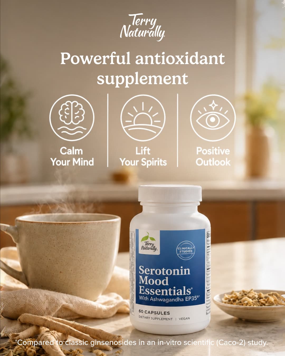 Publicité Meta Serotonin Mood Essentials : le flacon près d’une tasse fumante, avec trois bénéfices en pictogrammes.