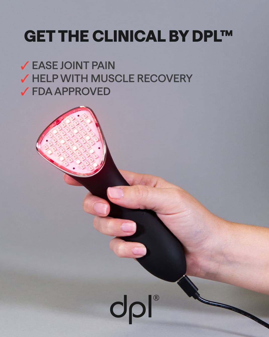 Publicité Meta dpl : l’appareil de luminothérapie tenu en main, bénéfices cliniques listés et mention FDA.