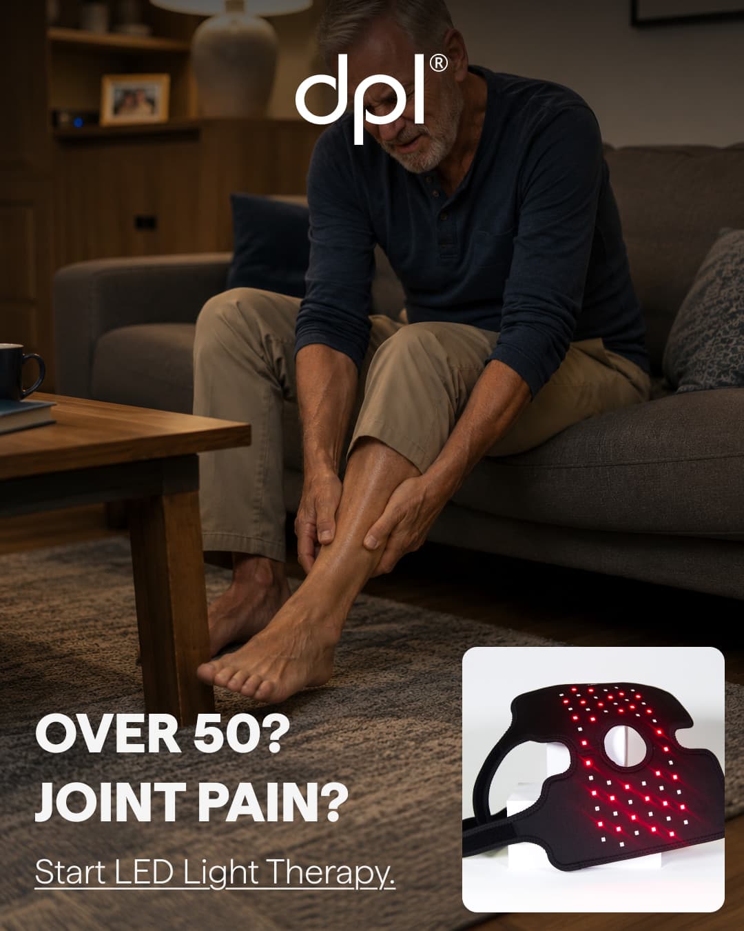 Publicité Meta dpl : un homme assis se tenant la cheville, accroche « Over 50 ? Joint pain ? ».