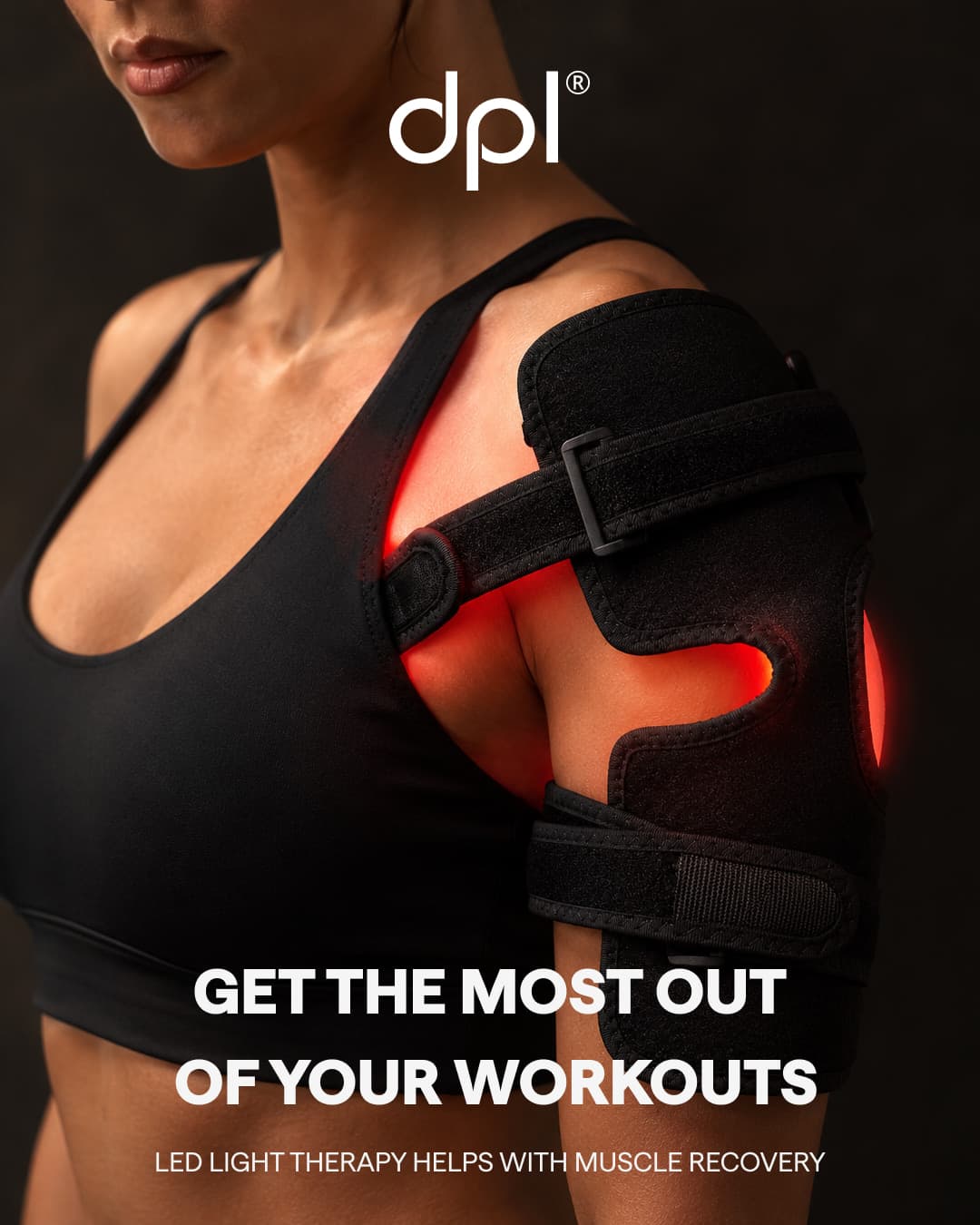 Publicité Meta dpl : la bande lumineuse sur une épaule, accroche « Get the most out of your workouts ».