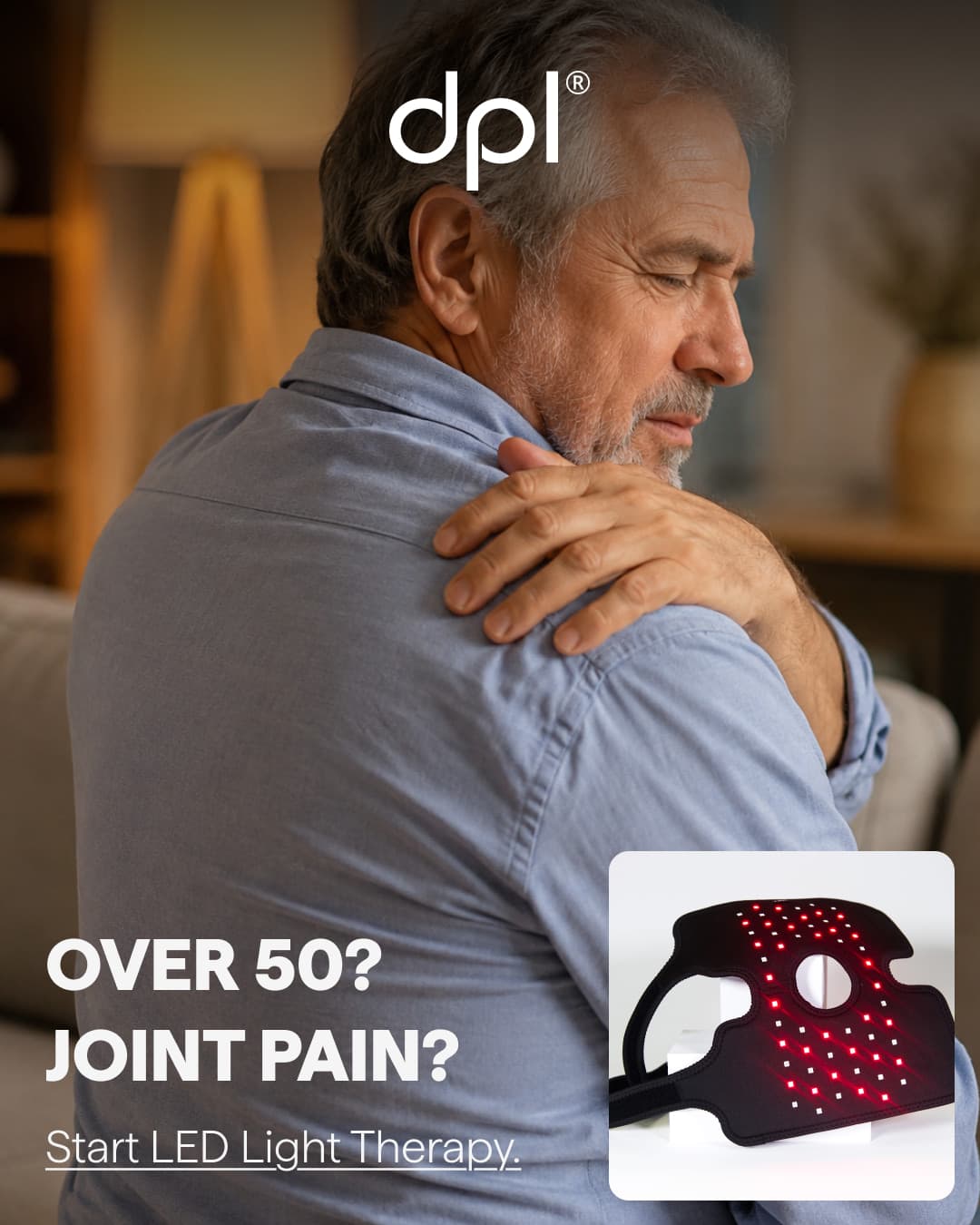 Publicité Meta dpl : un homme se tenant l’épaule, reprise de l’accroche « Over 50 ? Joint pain ? ».