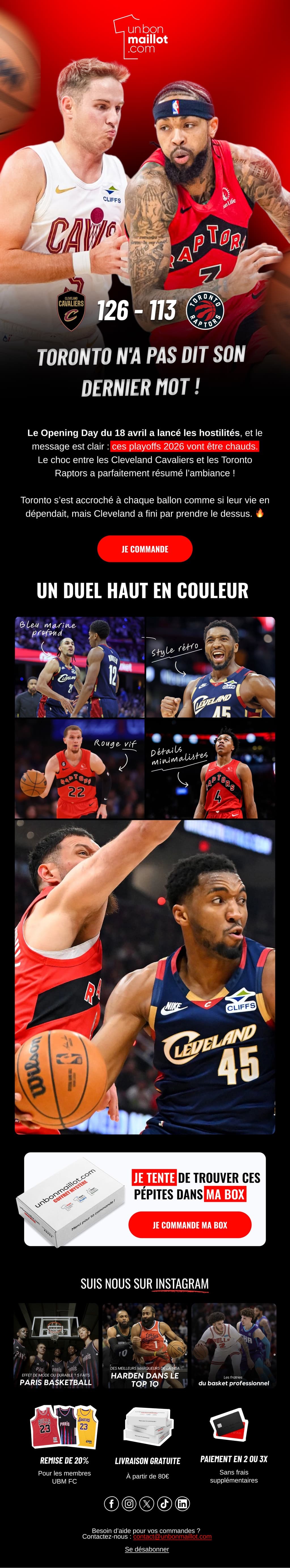 Campagne e-mail « Début des playoffs NBA » : bandeau de joueurs, blocs de maillots à la vente et pied de page de la marque.