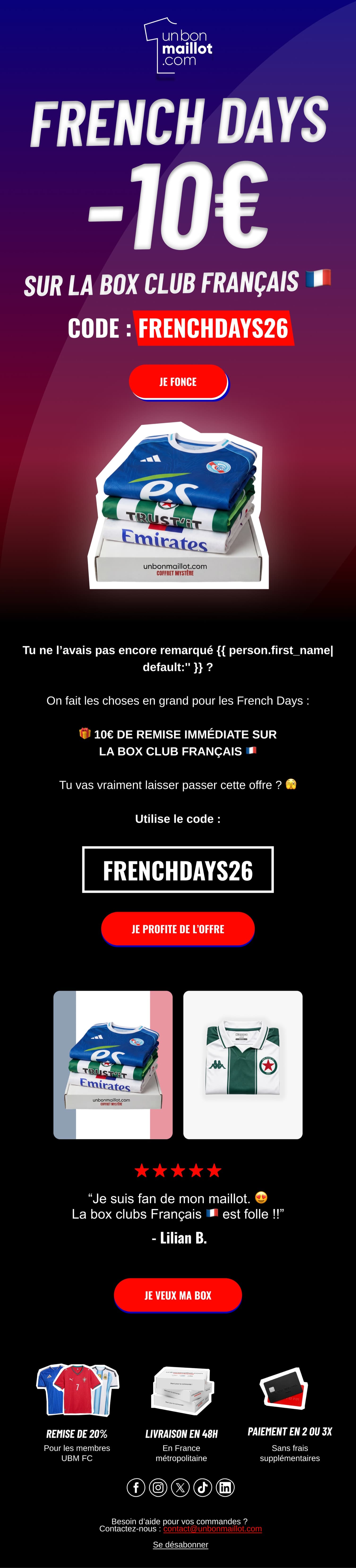 Relance des French Days : même offre reprise dans un gabarit bleu nuit, avec le détail de la box club français.