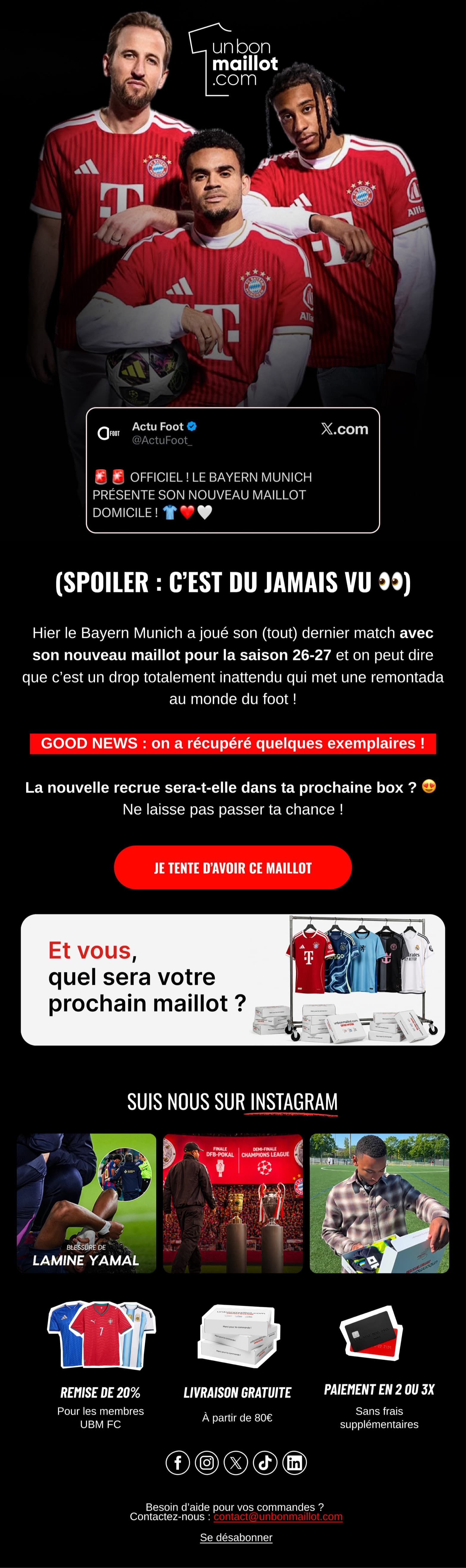 Campagne « Nouveau maillot du Bayern » : accroche sur le maillot 26-27, bouton d’action rouge et sélection de maillots suspendus à un portant.