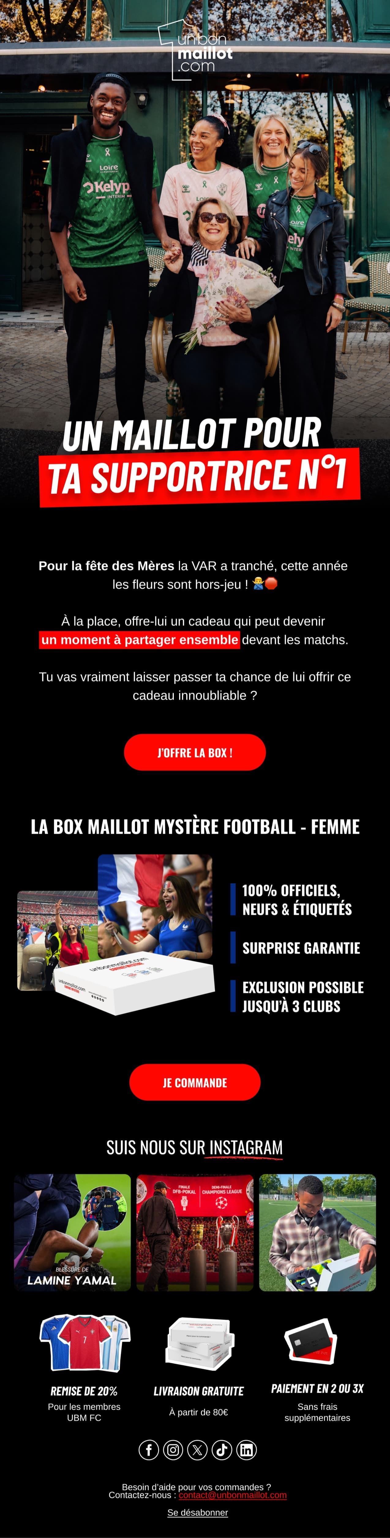 Campagne « Fête des mères » : photo de famille en maillots et accroche « Un maillot pour ta supportrice n°1 ».
