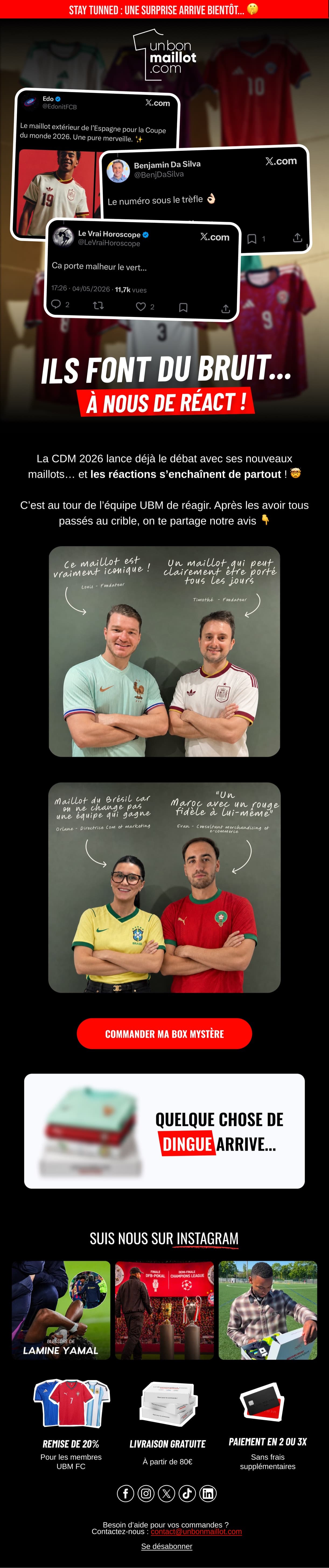 Campagne de réaction aux maillots : captures de commentaires, vignettes vidéo et blocs produits.