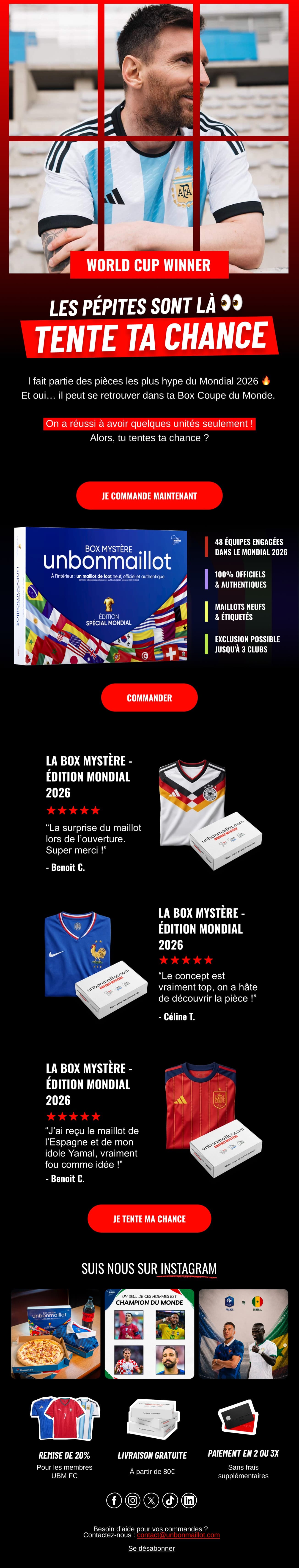 Campagne « Imagine recevoir ce maillot » : Lionel Messi en maillot argentin, la photo découpée par une grille rouge, mention « World Cup Winner », accroche « Tente ta chance » et argumentaire de la box mystère Mondial.