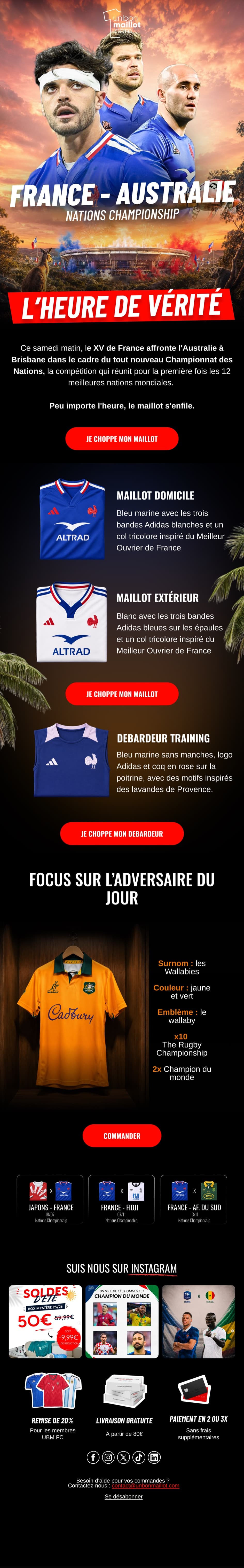 Campagne « France - Australie » : trois joueurs du XV de France devant un stade sous un ciel embrasé, accroche « L’heure de vérité », détail des maillots domicile, extérieur et training, puis fiche de l’adversaire du jour.
