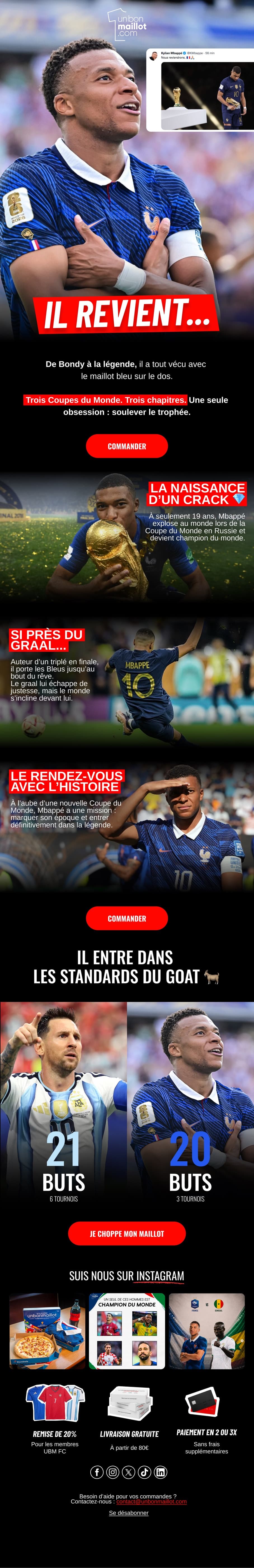 Campagne « Les maillots de Mbappé » : le joueur bras croisés en maillot bleu, accroche « Il revient… », trois chapitres illustrés de sa carrière en Coupe du monde et un comparatif de buts avec Messi.