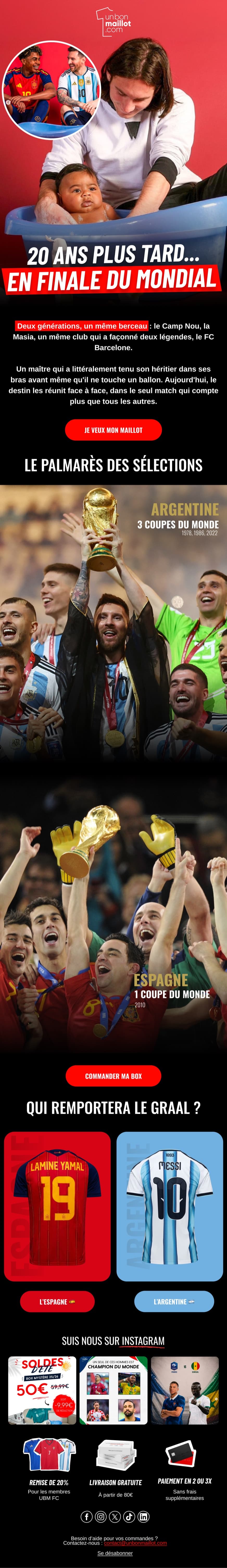 Campagne de teasing avant une finale : photo d’archive des deux adversaires vingt ans plus tôt, accroche « 20 ans plus tard… en finale du Mondial », palmarès des deux sélections et choix entre leurs deux maillots.