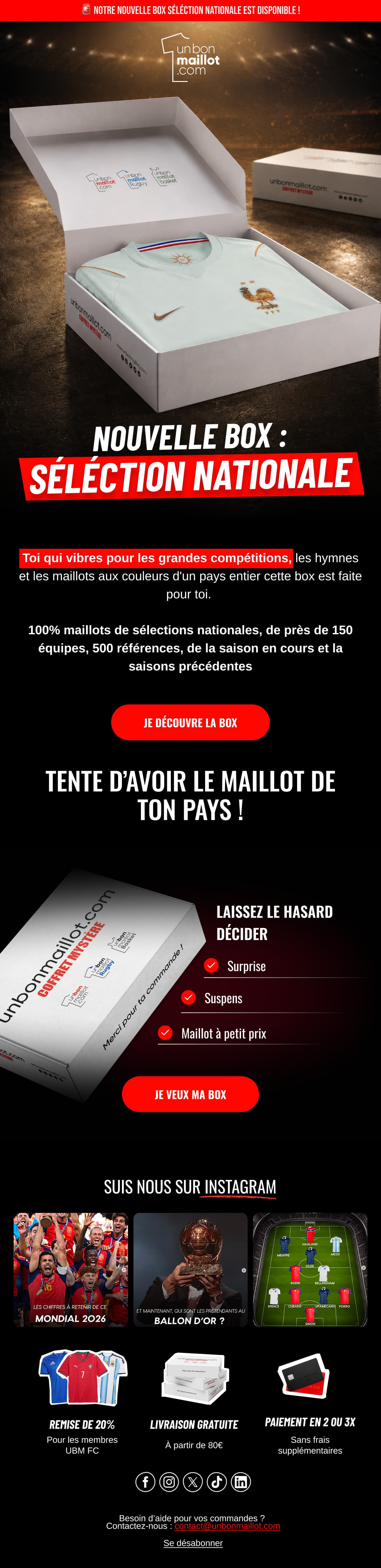 Campagne « Nouvelle box : sélection nationale » : le coffret ouvert sur un maillot de l’équipe de France dans un stade au crépuscule, argumentaire produit et invitation à laisser le hasard décider.