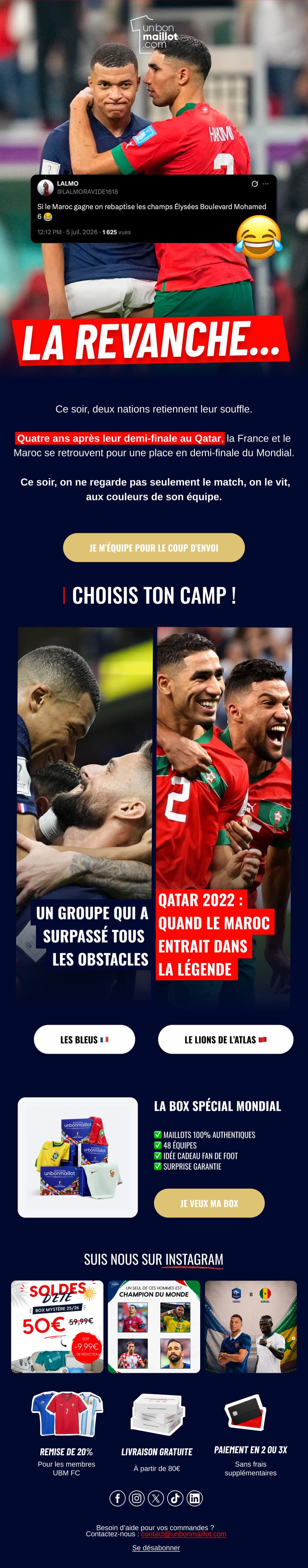 Campagne « France - Maroc » : Mbappé et Hakimi enlacés après leur demi-finale, un tweet superposé à la photo, accroche « La revanche… » et choix entre les Bleus et les Lions de l’Atlas.